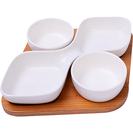 12077 Менажница с подставкой 4пр фарфор/дерево LR (х24)